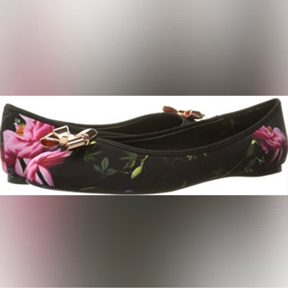 Ted Baker Black and Pink Floral Ballet Flats with Bow - Picture 4 of 9